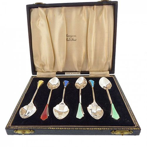 English Sterling Silver & Enamel Demitasse Spoons Boxed Set