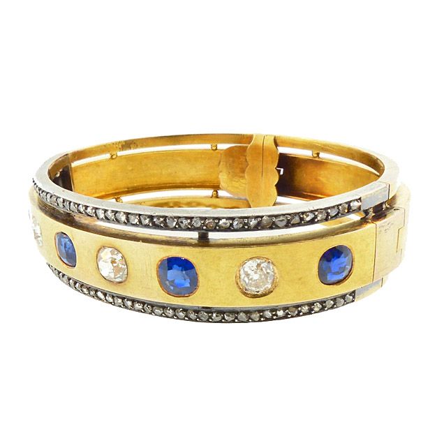 French Second Empire 18K Gold Diamond Sapphire Hinged Bangle Bracelet