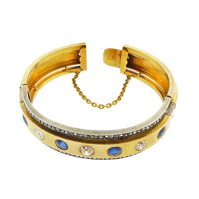 French Second Empire 18K Gold Diamond Sapphire Hinged Bangle Bracelet