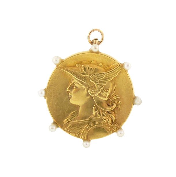Art Nouveau 14K Gold Pearl Goddess Athena Pendant & Brooch