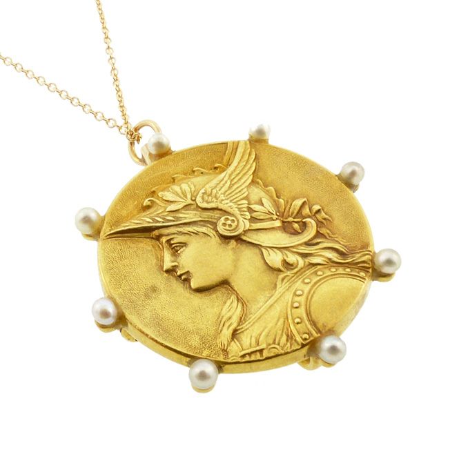 Art Nouveau 14K Gold Pearl Goddess Athena Pendant &amp; Brooch