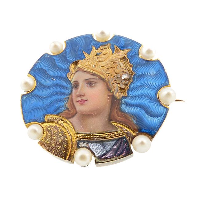 Art Nouveau 18K Gold Enamel Diamond Pearl Goddess Athena Brooch