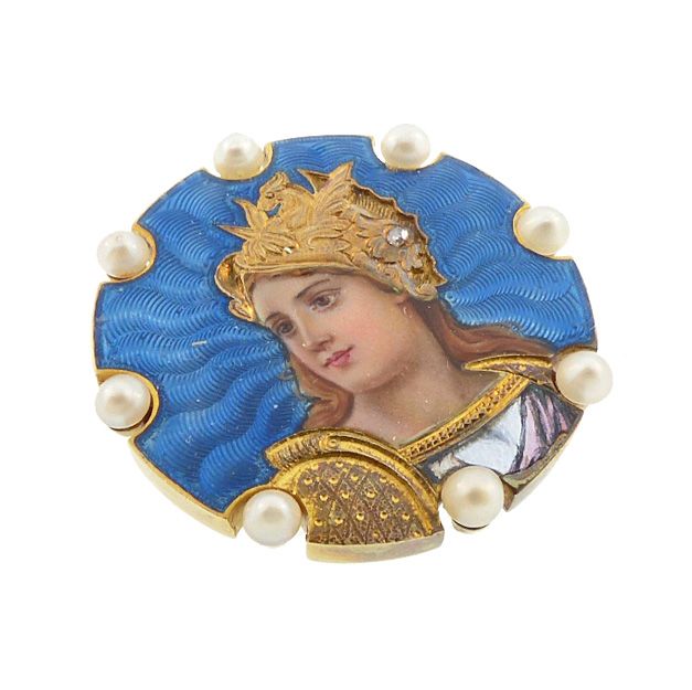 Art Nouveau 18K Gold Enamel Diamond Pearl Goddess Athena Brooch