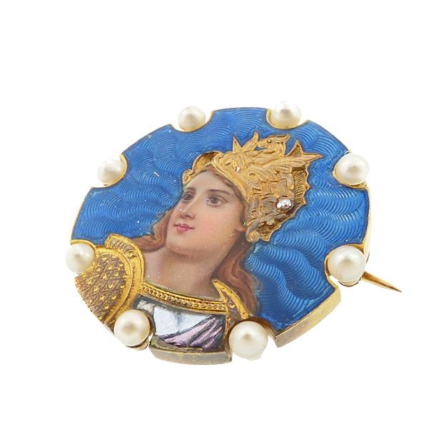 Art Nouveau 18K Gold Enamel Diamond Pearl Goddess Athena Brooch