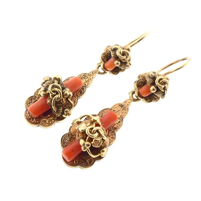 Victorian 14K Gold &amp; Coral Day &amp; Night Earrings