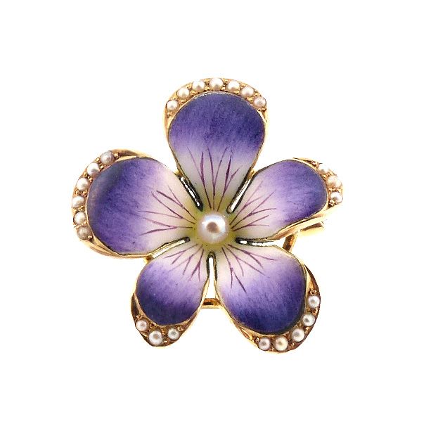 Art Nouveau Crane &amp; Theurer 14K Gold Enamel Seed Pearl Violet Brooch