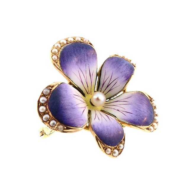 Art Nouveau Crane &amp; Theurer 14K Gold Enamel Seed Pearl Violet Brooch