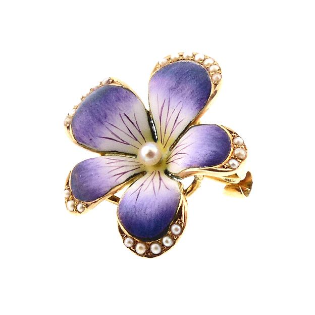 Art Nouveau Crane &amp; Theurer 14K Gold Enamel Seed Pearl Violet Brooch