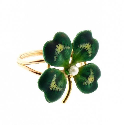 Enameled 14K Gold & Pearl Four-Leaf Clover Conversion Ring