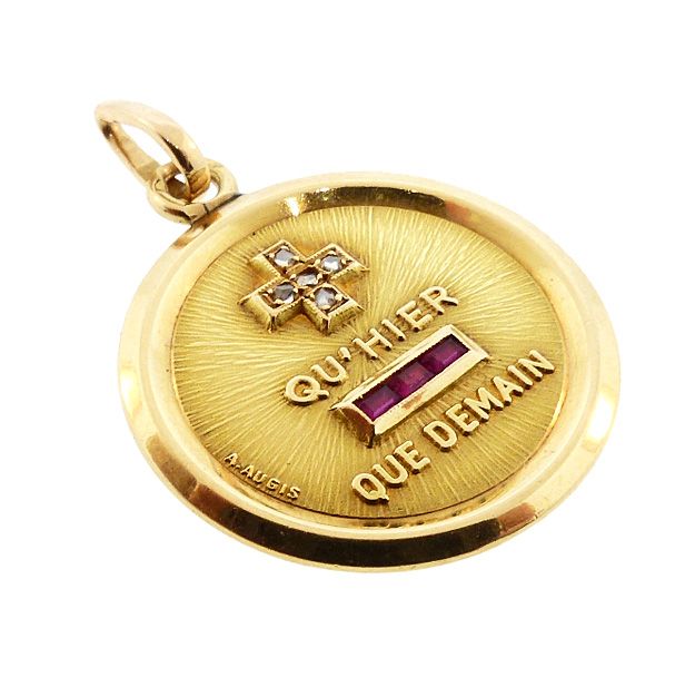 A. Augis French 18K Gold Diamond Ruby PLUS QU’HIER Love Token Pendant