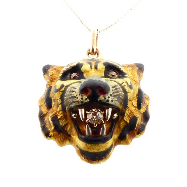 Art Nouveau Alling & Co. Diamond & Enamel Tiger Pendant