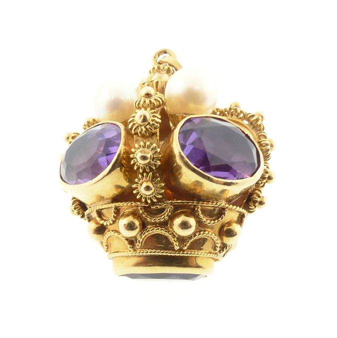 Venetian Etruscan 18K Gold, Amethyst &amp; Pearl Crown Fob Charm Pendant