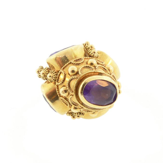 Venetian Etruscan 18K Gold, Amethyst &amp; Pearl Crown Fob Charm Pendant