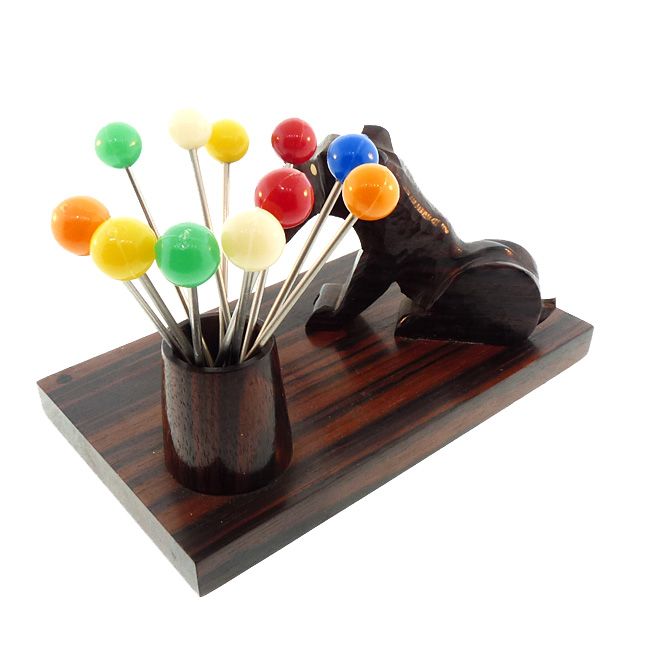 French Art Deco Macassar Ebony Scottie Dog Cocktail Pick Set