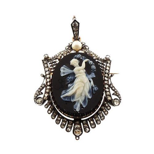 French Victorian 18K Gold Diamond & Onyx Nymph Cameo Pendant / Brooch