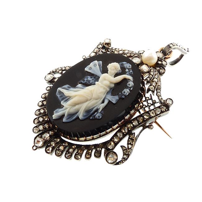 French Victorian 18K Gold Diamond &amp; Onyx Nymph Cameo Pendant / Brooch