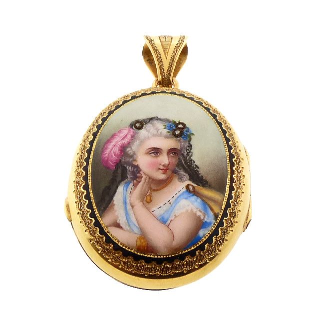 French Victorian 18K Gold, Enamel & Diamond Portrait Locket