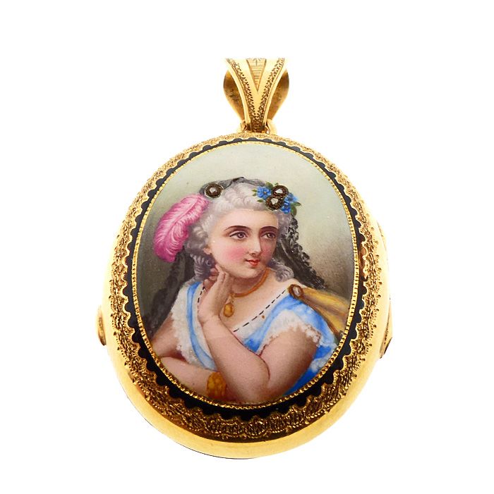 French Victorian 18K Gold, Enamel &amp; Diamond Portrait Locket