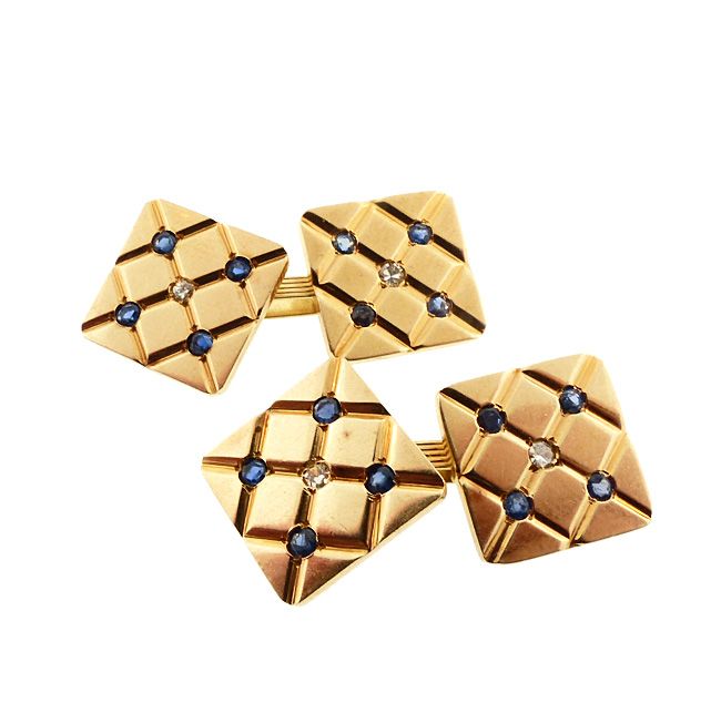 Deco 14K Gold Sapphire &amp; Diamond Double-Sided Cufflinks, attr. Tiffany