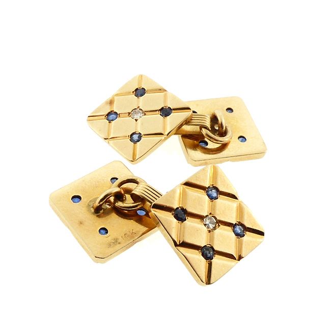 Deco 14K Gold Sapphire &amp; Diamond Double-Sided Cufflinks, attr. Tiffany