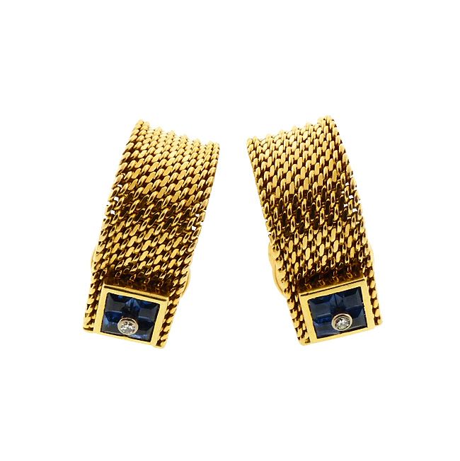 Mid-Century Gubelin 18K Gold Mesh Sapphire &amp; Diamond Mesh Cufflinks