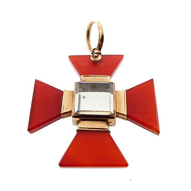 Georgian Carnelian, 12K Gold &amp; Crystal Maltese Cross Locket Pendant