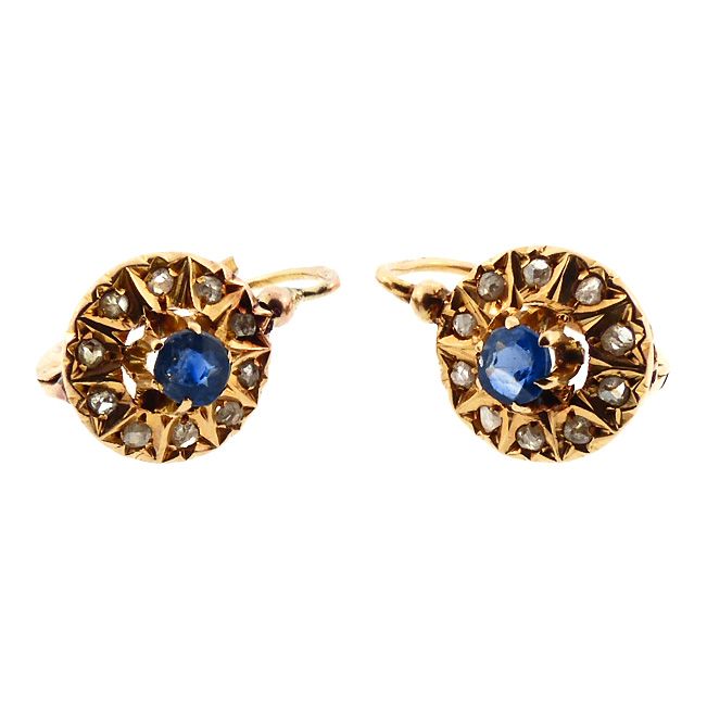 French Victorian 18K Gold Rose Cut Diamond Sapphire Dormeuse Earrings