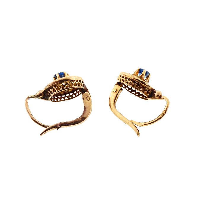 French Victorian 18K Gold Rose Cut Diamond Sapphire Dormeuse Earrings
