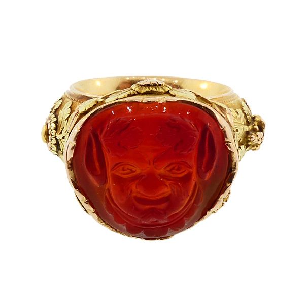 French Georgian 18K Multi-Colored Gold &amp; Carved Carnelian Satyr Ring