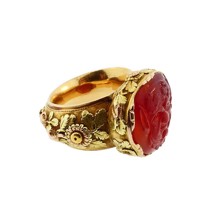 French Georgian 18K Multi-Colored Gold &amp; Carved Carnelian Satyr Ring