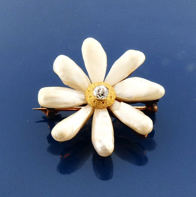 Art Nouveau 14K Gold, River Pearl &amp; Diamond Pendant / Pin