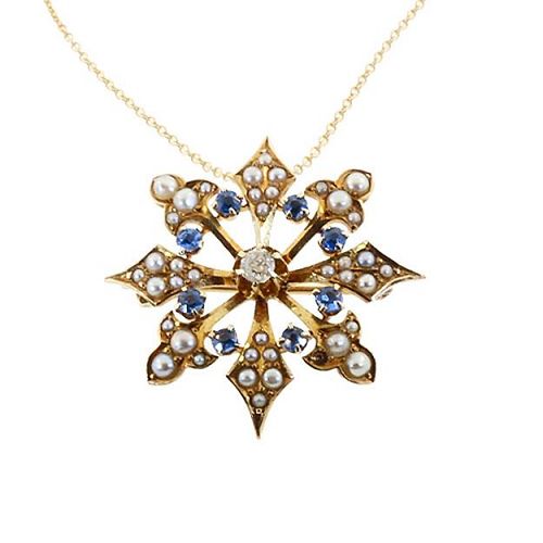 Victorian 14K Gold, Diamond, Sapphire & Pearl Snowflake Pendant / Pin