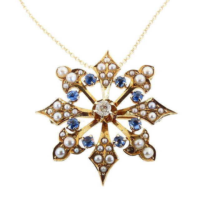 Victorian 14K Gold, Diamond, Sapphire &amp; Pearl Snowflake Pendant / Pin