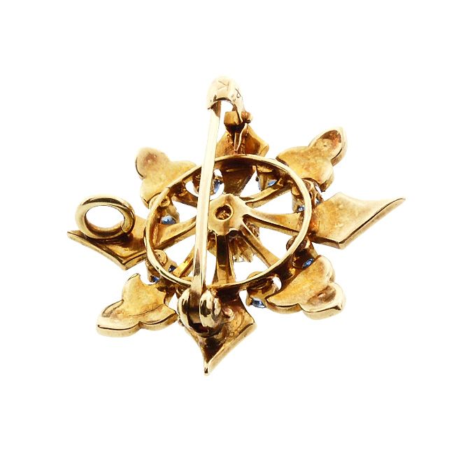 Victorian 14K Gold, Diamond, Sapphire &amp; Pearl Snowflake Pendant / Pin