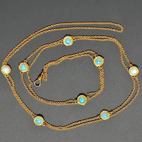 Victorian 14K Gold & Opal Long Chain Station Necklace