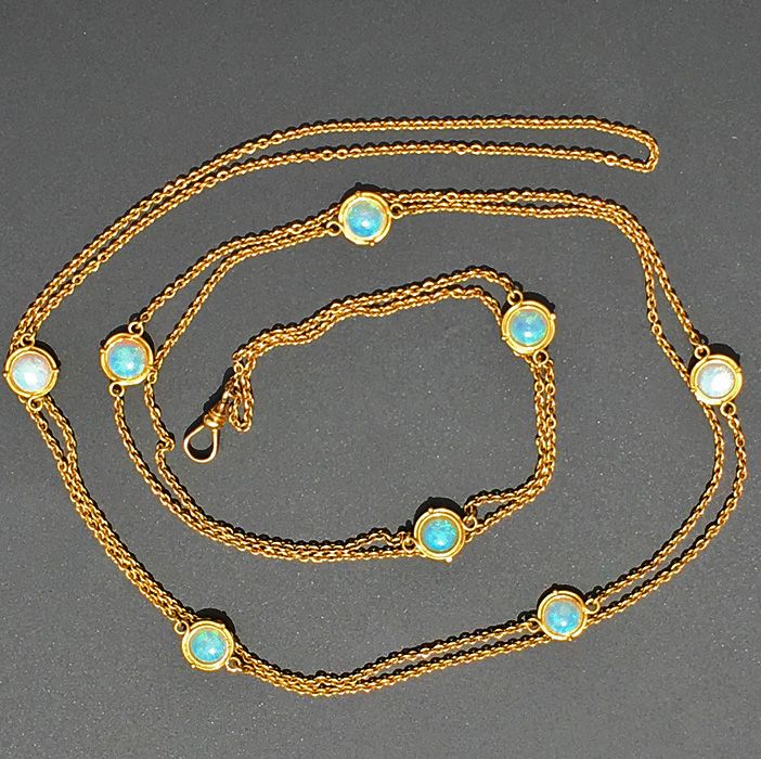 Victorian 14K Gold & Opal Long Chain Station Necklace