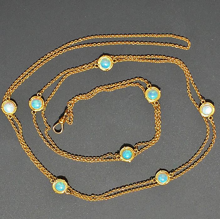 Victorian 14K Gold &amp; Opal Long Chain Station Necklace