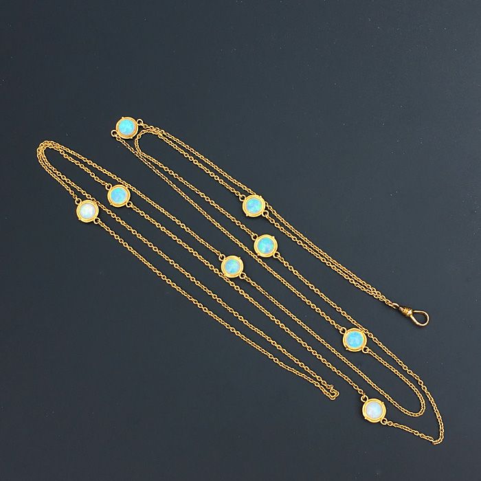 Victorian 14K Gold &amp; Opal Long Chain Station Necklace