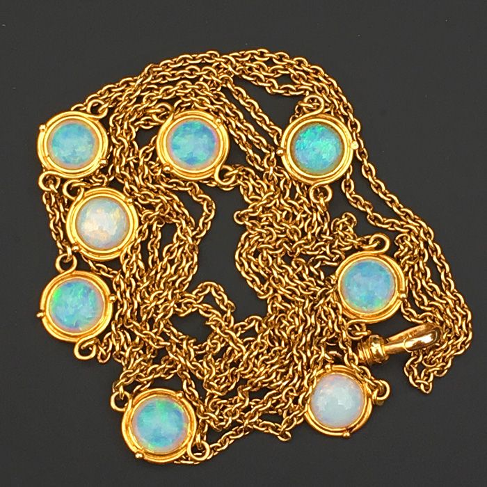 Victorian 14K Gold &amp; Opal Long Chain Station Necklace