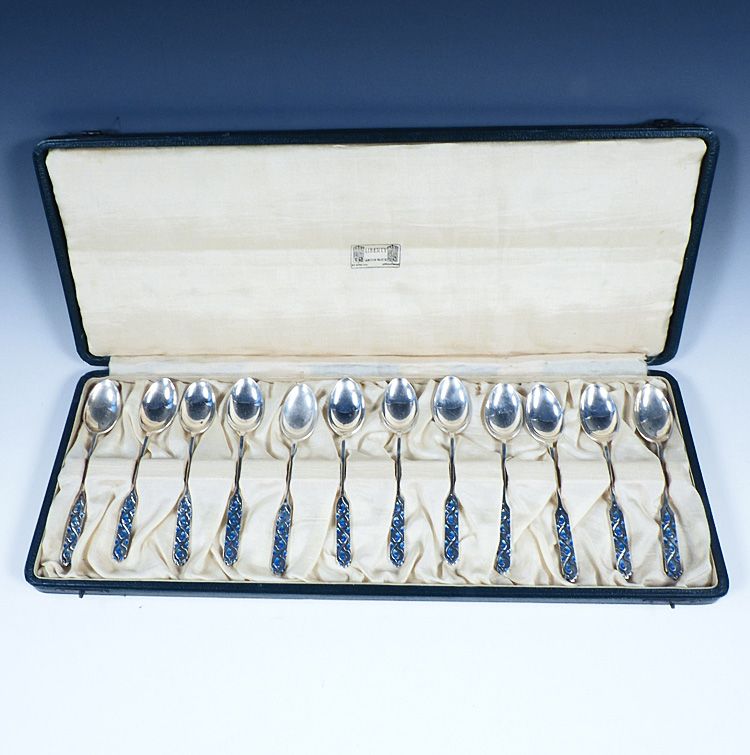 12 Liberty &amp; Co. Archibald Knox Cymric Sterling Silver Enamel Spoons
