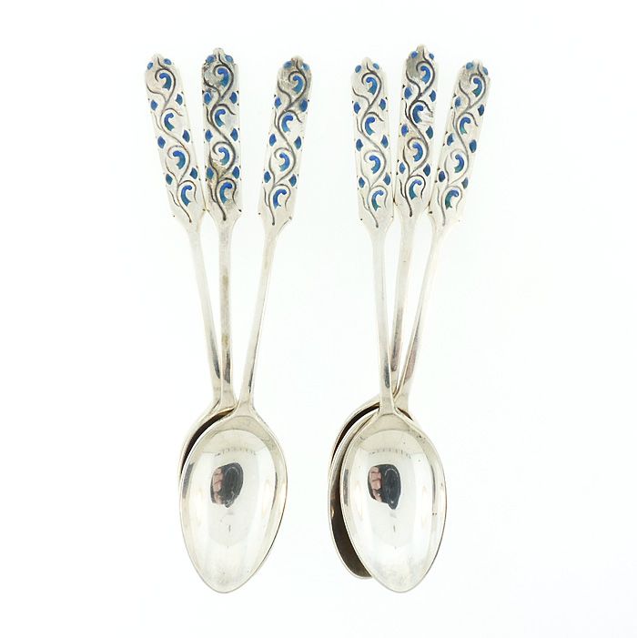 12 Liberty &amp; Co. Archibald Knox Cymric Sterling Silver Enamel Spoons