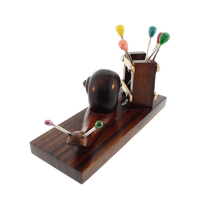 French Art Deco Carved Ebony &amp; Bakelite Snail Cocktail Pick Set