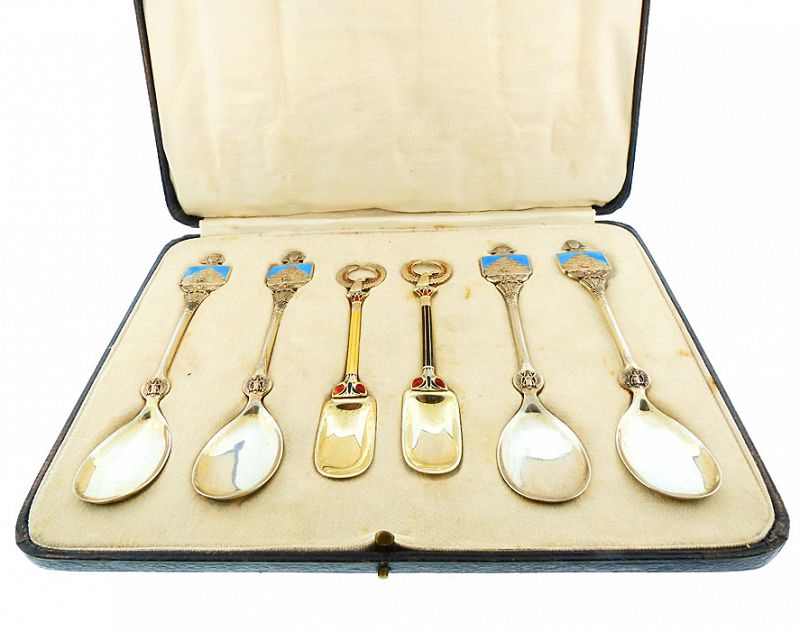 Art Deco Egyptian Revival Enameled English Silver Hors D'Oeuvres Set