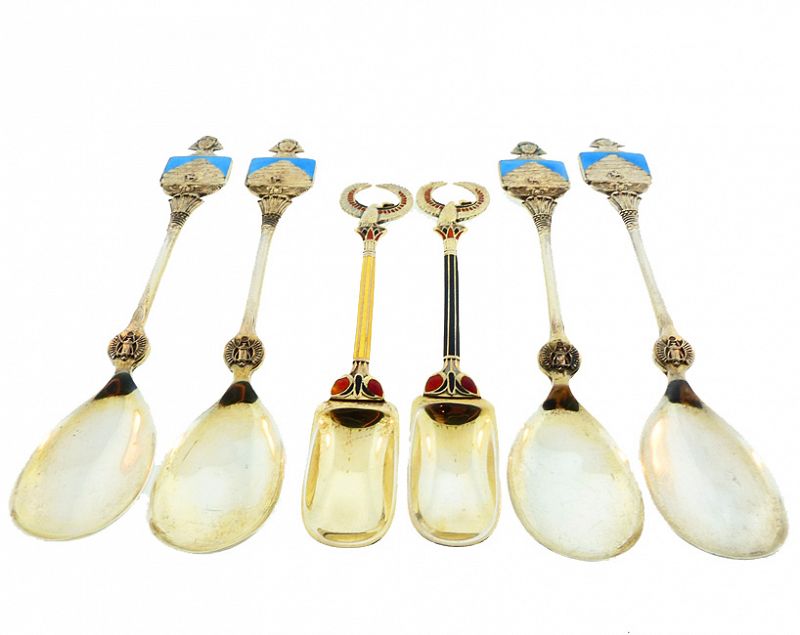 Art Deco Egyptian Revival Enameled English Silver Hors D'Oeuvres Set