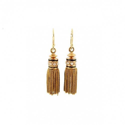 Victorian 18K Gold, Pearl & Enamel Foxtail Tassel Earrings