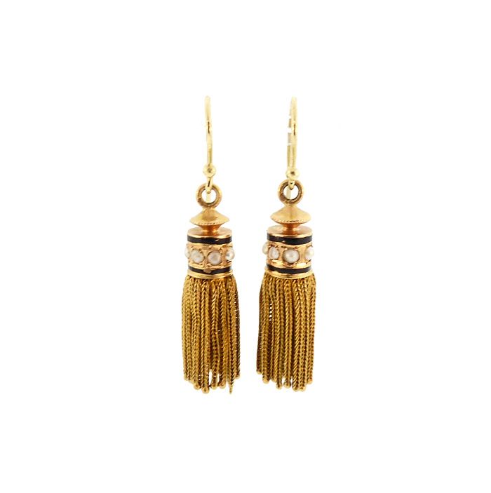 Victorian 18K Gold, Pearl &amp; Enamel Foxtail Tassel Earrings