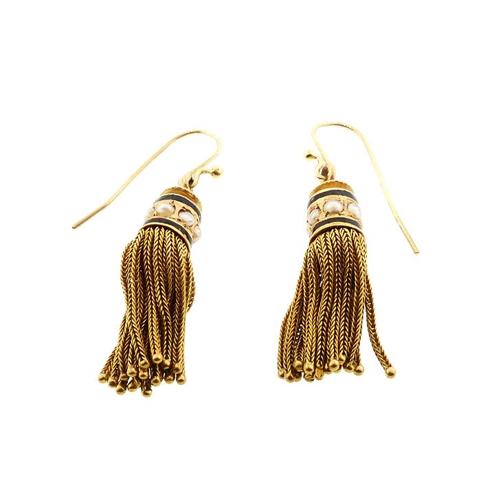 Victorian 18K Gold, Pearl &amp; Enamel Foxtail Tassel Earrings