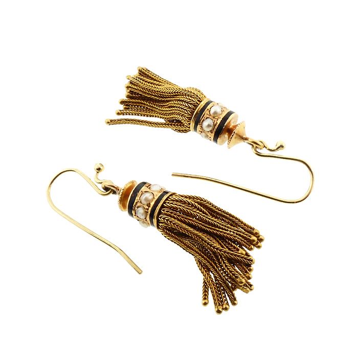 Victorian 18K Gold, Pearl &amp; Enamel Foxtail Tassel Earrings