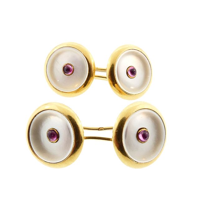 Edwardian 18K Gold Pink Sapphire &amp; Mother-of-Pearl Double Cufflinks