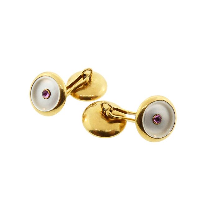 Edwardian 18K Gold Pink Sapphire &amp; Mother-of-Pearl Double Cufflinks